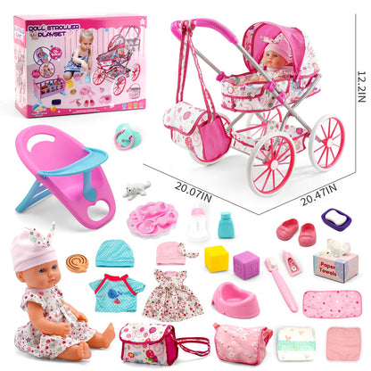 Baby Doll Stroller Toys Set W/ 13'' Baby Doll, Doll's Bed, Dining Chair, 26 PCS Doll Accessories & 2 Set Clothes, Baby Stroller Toys for 3 4 5 Year Old Girl Birthday Gift, Pretend Playset for Toddler
