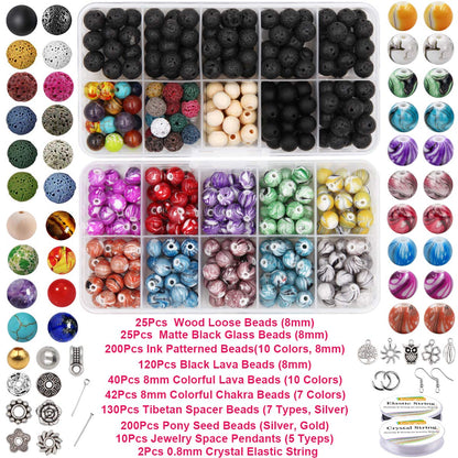 EuTengHao 1146Pcs Lava Beads Round Loose Marble Beads Ink Patterns Chakra Beads with Spacer Beads Pendants Jewelry Findings for Adult DIY Bracelet Necklace Earring Jewelry Making Crafts