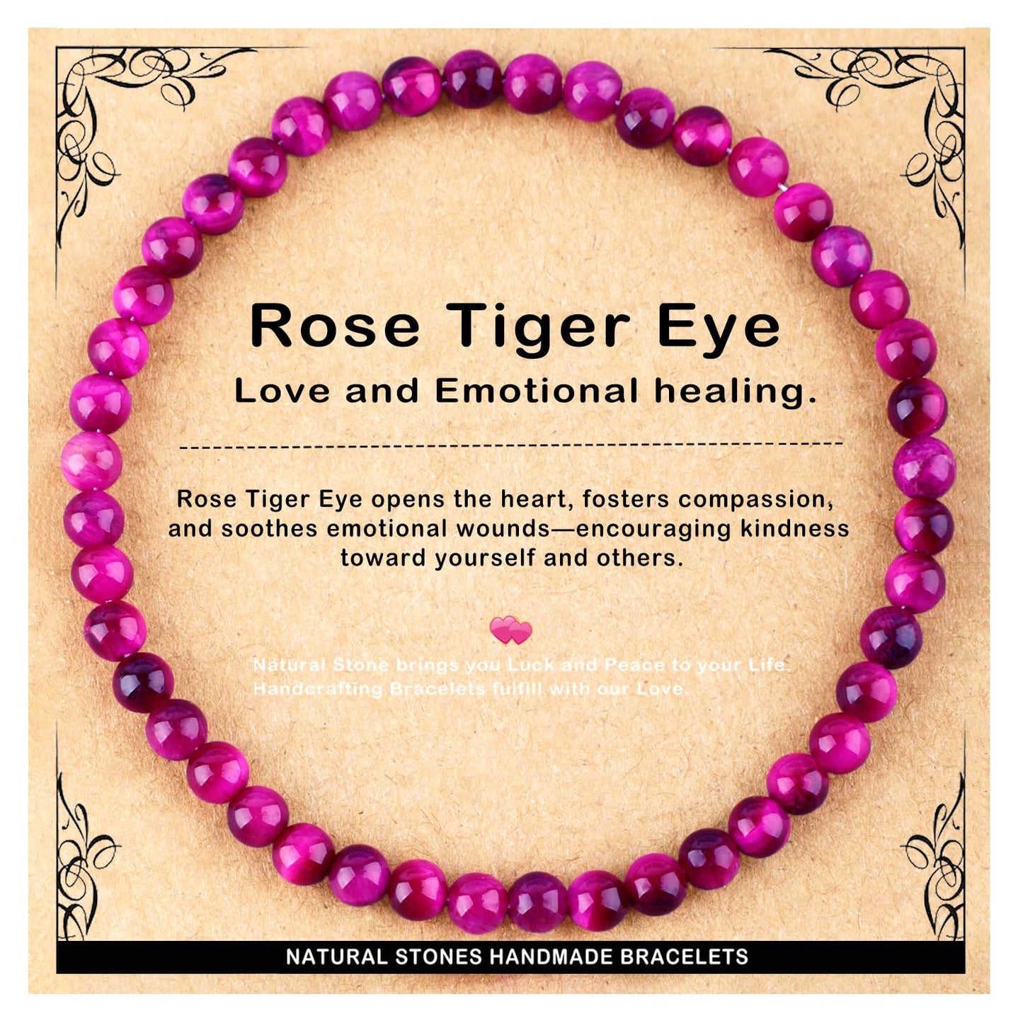AD Beads 4mm Handmade Rose Tiger Eye Elastic Bracelet – Natural Gemstone for Love,emotional healing. – Meditation, Yoga, Healing and Energy Gift for Men Women
