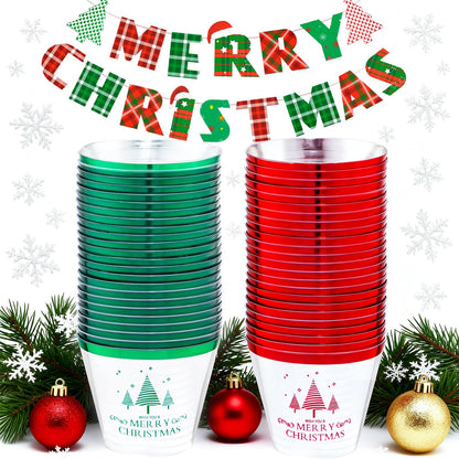 LUODA 60PCS 9 oz Christmas Party Cups, Merry Christmas Plastic Cup,Red and Green Edge Xmas Disposable Clear Cup for Party &Xmas Eve Decoration