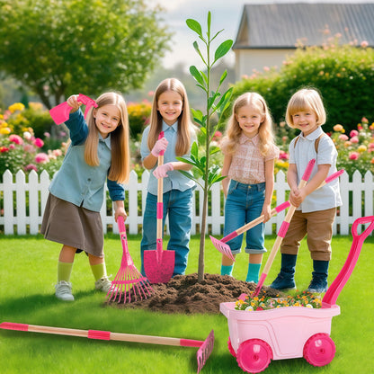 Kids Gardening Tools Outdoor Toys Set - Wheelbarrow Backyard Play Set for Kids with Shovel, Rake, Leaf Rake, Summer Yard Digging Weed Toys, Easter Birthday Gifts for Boys Girls Age 2 3+ Years Old
