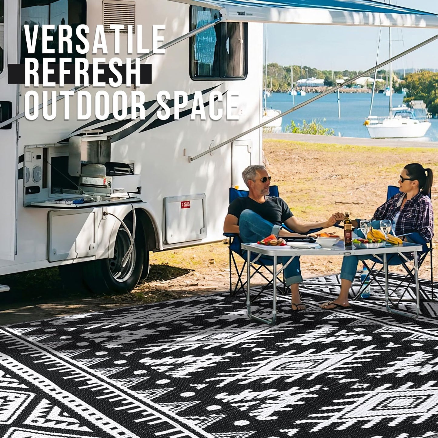OLANLY Outdoor Rug Waterproof 5x8 ft, Reversible Outdoor Plastic Straw Rug, Boho Patio Rug, Indoor Outdoor Carpet, RV Mat Outside for Patio, Camp, Picnic, Balcony, Deck, Backyard, Black & White