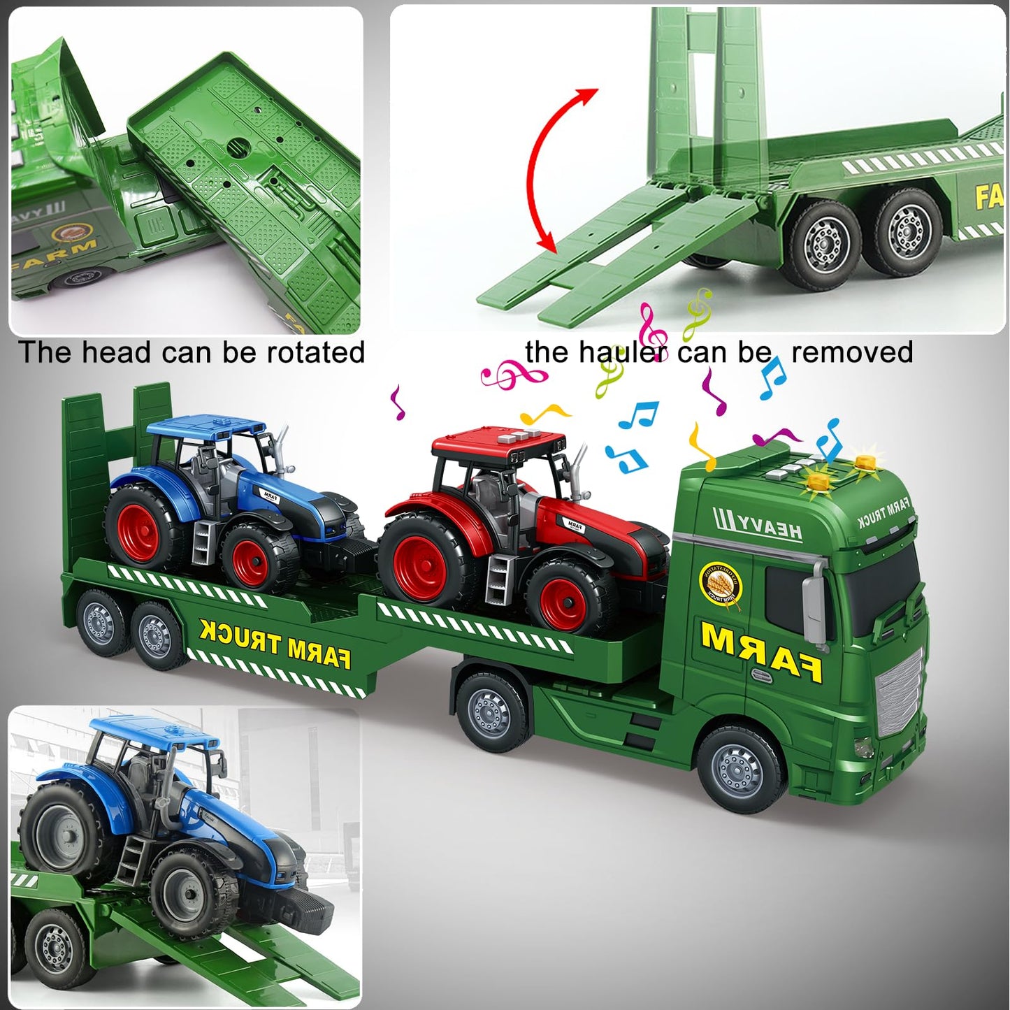 Joysweetoy 25’’ Large Flatbed Semi Truck Toy for Kids - 3 in 1 Friction Powered Farm Vehicles with 2 Tractors, Lights & Sounds - Car Toy Gift for 3 4 5 6 7 8 Year Old Boys Girls Toddlers