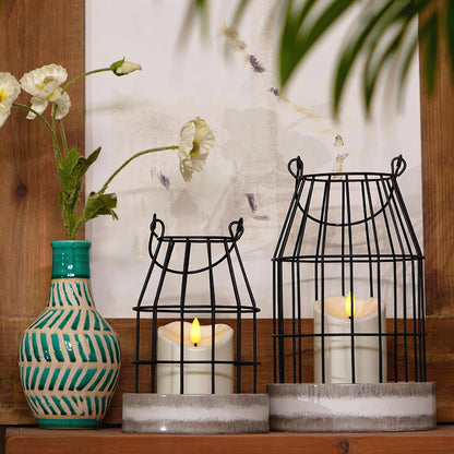 Homemory Rustic Farmhouse Lantern Decor with Flameless Candle & Remote Timer, 2PCS Stylish Metal Candle Holder Home Decorations for Fireplace Mantle Kitchen Dining Table Living Room