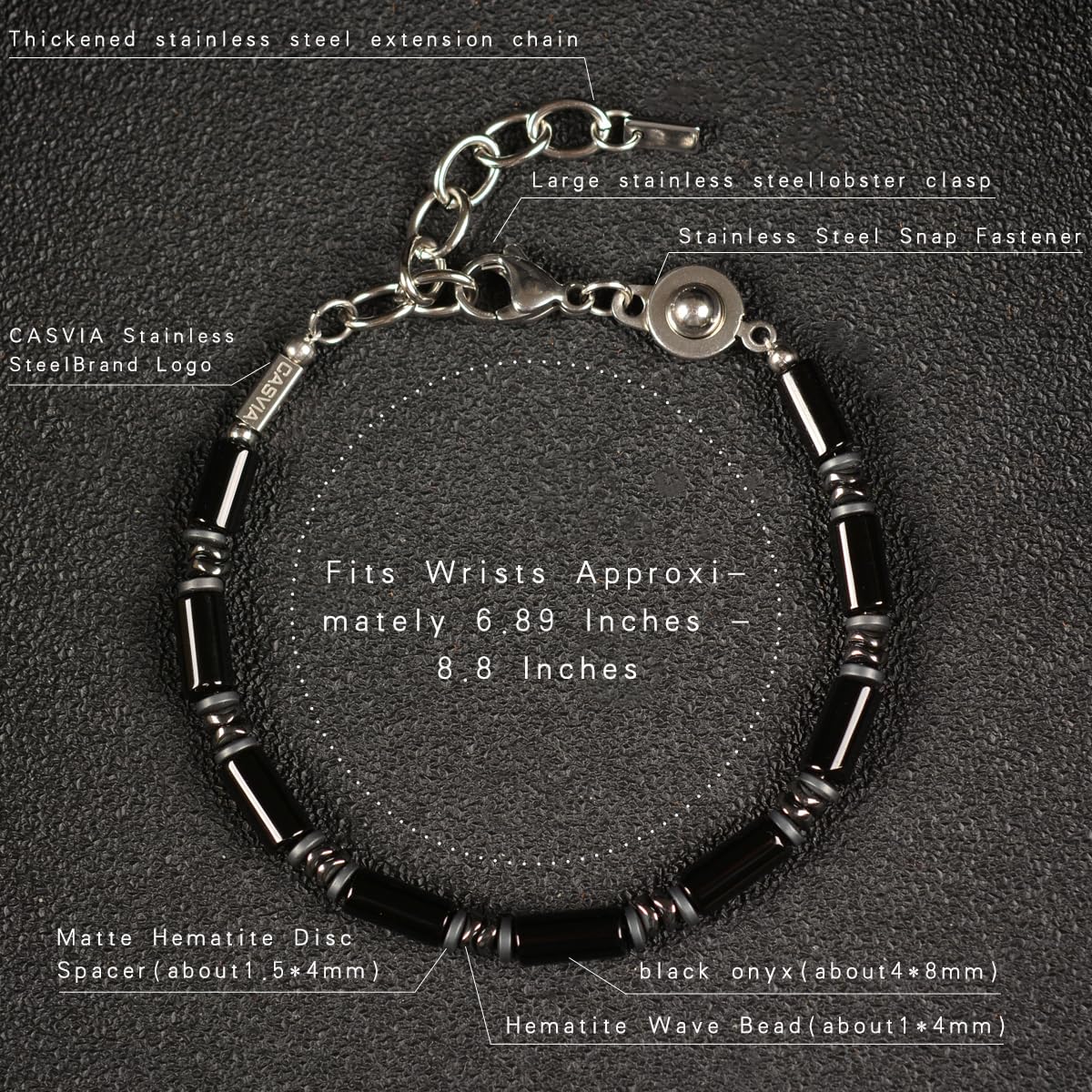 Casvia Midnight Fusion Men's Beaded Bracelet, Handcrafted Black Onyx & Hematite, Adjustable Dual-Clasp 6.89–8.8 Inches, Stackable Daily Wear, Birthday Gift for Men Dad Boyfriend