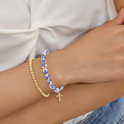 VIBILIA Cross Bracelets for Women, Cross Charm Vintage Jewelry, Flower Beaded Bracelet, Handmade Stretch Jesus Baptism Romantic Christian Birthday Gifts for Women on Easter Mother's Day, Blue Gold
