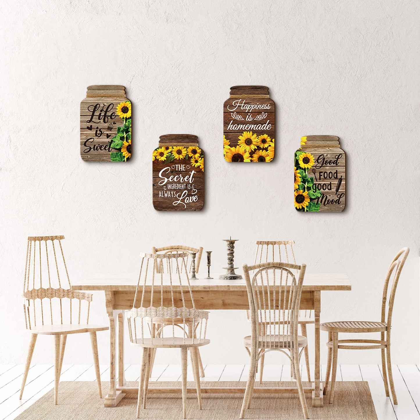 4 Pcs Kitchen Wall Decor Mason Jar Set Wooden Rustic Home Decor Inspirational Kitchen Hanging Farmhouse Wall Signs for Home decoration(Sunflower)