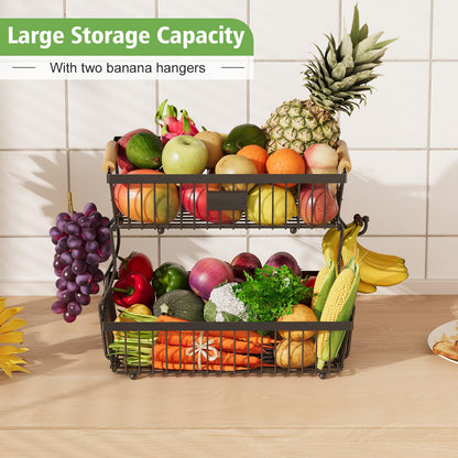 Astrorhine 2 Tier Fruit Basket for Kitchen Counter with 2 Banana Hangers, Countertop Metal Bread Basket with Wooden Handle, Large Storage Stand for Vegetables, Snacks, Eggs, Produce Storage – Black