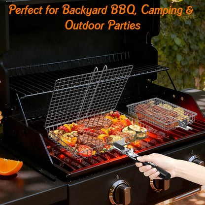 Grill Baskets for Outdoor Grill, 2PCS BBQ Grilling Basket with Removable Wooden Handle, Stainless Steel Camping Cooking Grill Accessories for Meat Fish Vegetable Seafood, Gifts for Men Dad Husband