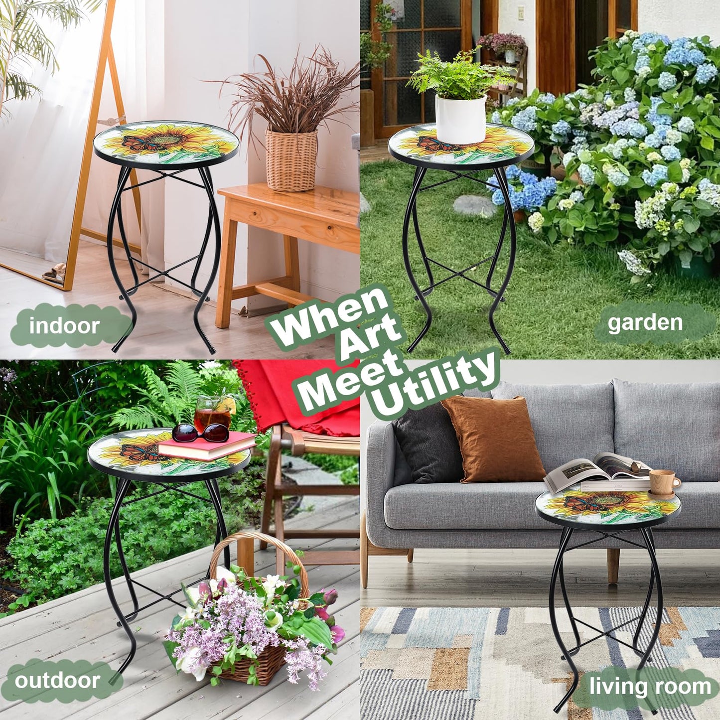 VCUTEKA Patio Side Table Outdoor Accent Table Bistro Coffee Table Plant End Table Small Porch Table Indoor Round Glass Balcony Plant Table Stands Sunflower 14''