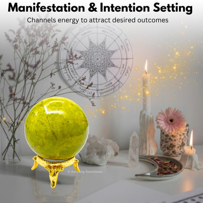 Amazing Gemstone Green Opal Crystal Ball with Stand - 2 Inches Crystal Sphere Meditation Balls for Witchcraft and Decorative Balls