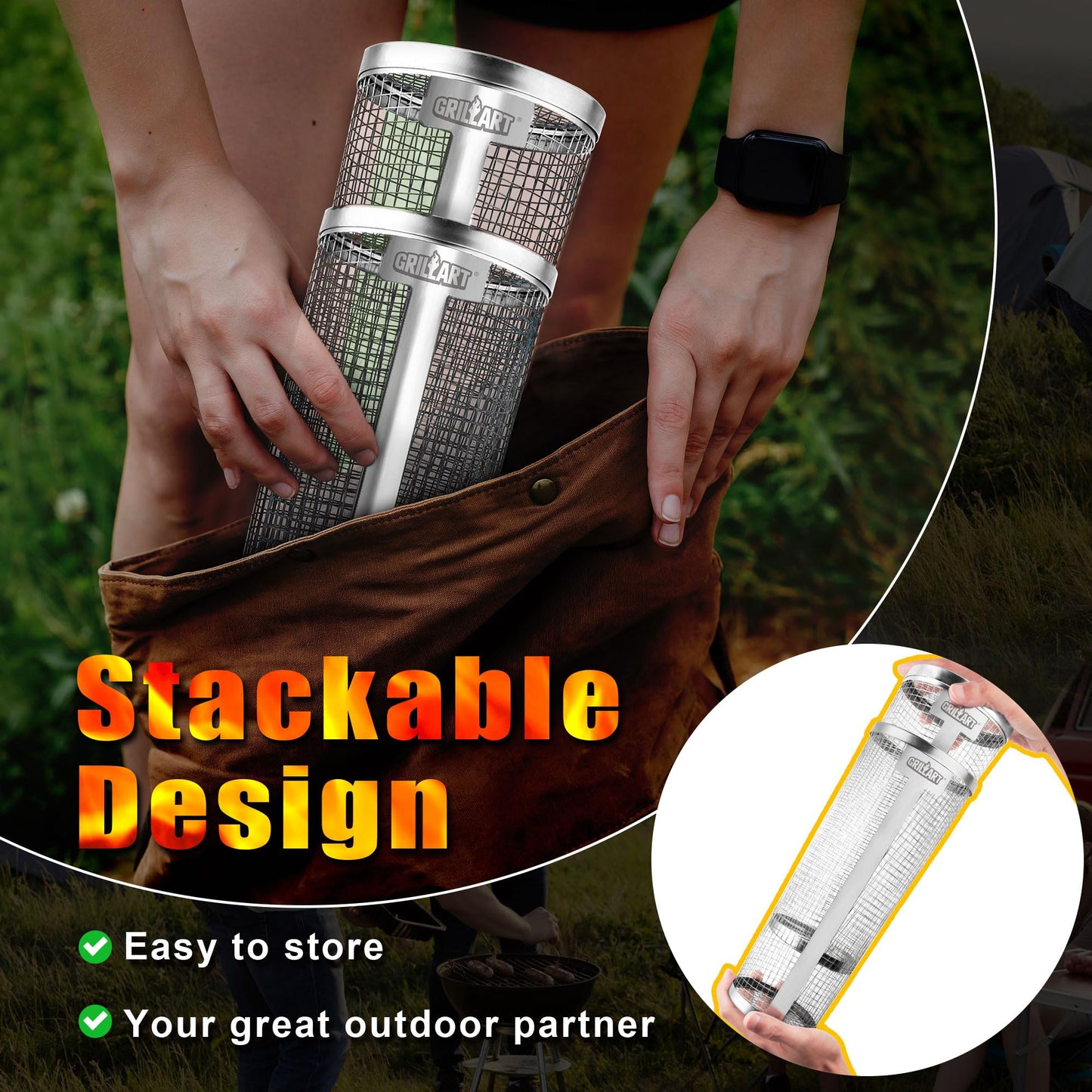 [Upgraded] Grill Basket 2 Pcs (Size XXL), Dishwasher Safe Rolling Grilling Baskets for Outdoor Grilling, Stainless Steel BBQ Grill Basket for Veggies, Grill Nets Cylinder, Gifts for Men/Dad