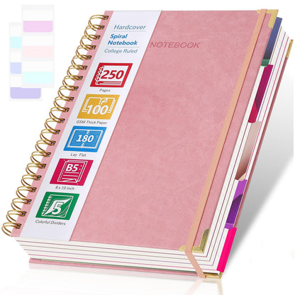 College Ruled Notebook, Spiral Notebook, Leather Hardcover Notebook Journal for Women Men, 5 Subject Notebook with Dividers, Journaling Notebooks for Work School, B5 Lined Notebook, 8" x 10", Pink