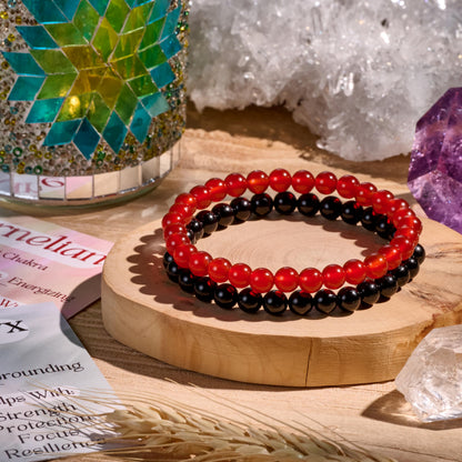 Bivei 2-Piece 8mm Beaded Bracelets for Women – Black Onyx, Carnelian – Handmade Natural Crystal Stretch Elastic Jewelry for Meditation, Yoga, Protection Gifts