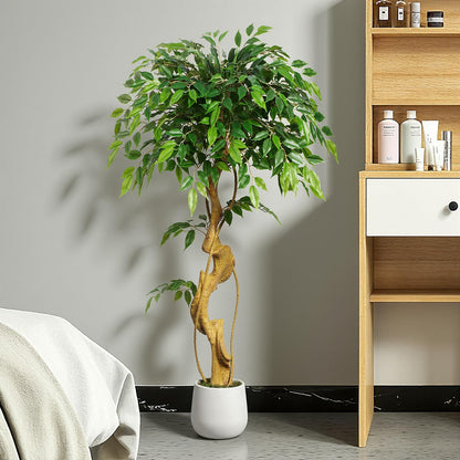 Keeplush 4ft Large Ficus Artificial Trees in White Pot, 48" Tall Fake Silk Tree with Natural Curved Trunk, Lush Faux Ficus Tree for Indoor Home Decor, Living Room, Office & Patio