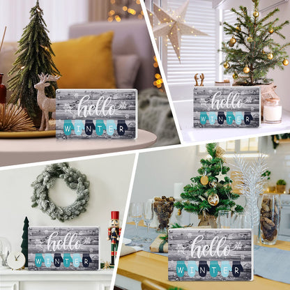 Yalikop Hello Winter Wood Sign for Home Farmhouse Decor 9 x 5.3 Inch Winter Table Centerpiece Freestanding Decor Wooden Cutout Decoration
