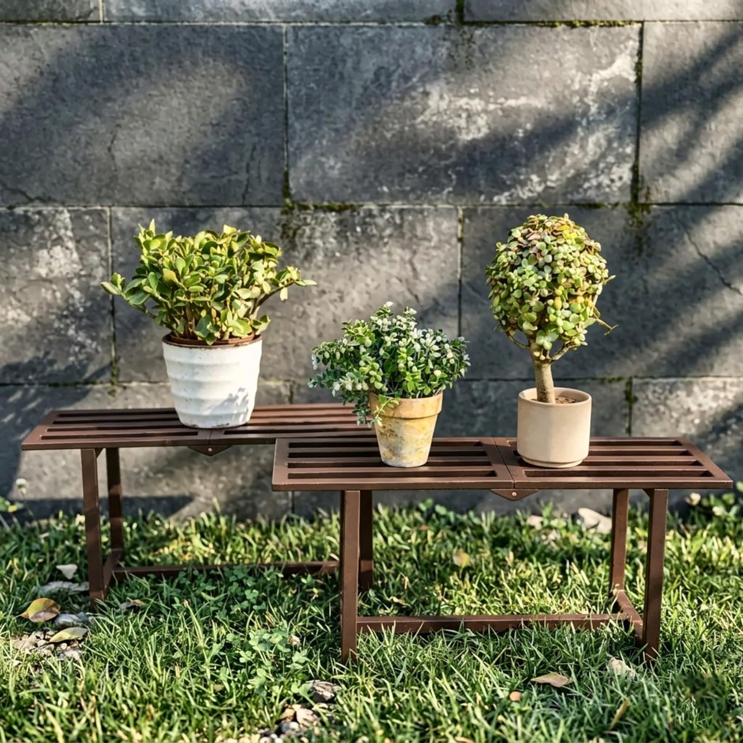 Rioneta Plant Stand Indoor Outdoor, Foldable Metal Plant Shelf for Multiple Pots, Mid Century Slatted Bench for Patio Garden, Heavy Duty Capacity 330 lbs 2 Pack Coffee