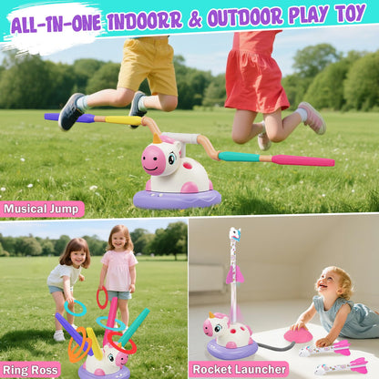 Unicorn Toys for Girls - 3 in 1 Outdoor Toys for Kids Ages 4-8: Stomp Rocket Launcher, Musical Jumping & Ring Toss Games with Remote Control - Outside Toys for 3 4 5 6 7 8 Year Old Girls Birthday Gift