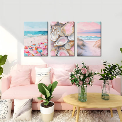 Preppy Coastal Canvas Wall Art Set of 3, Trendy Pink Beach Wall Decor Paintings, Summer Beachy Shells Oyster Aesthetic Posters Prints Pictures for Girls Room Dorm Bathroom Bedroom 12x16 Inch Framed