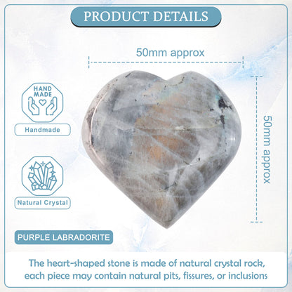 Crocon 50mm Purple Labradorite Heart stone Big Heart Shape Puff Stones Set 450+ Carats Pocket Crystal Healing Tumble Collection Palm Worry Stone Good Luck Charm Meditation Gift Craft Home Decor