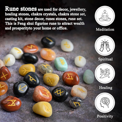 Crocon Rune Stones Sets 25 pcs Mix Chakra for Beginners with Elder Futhark Alphabets for Healing Chakra Crystals Reiki feng Shui Gemstone Runes Set Size: 15-20 mm with a Pouch & Rune brochure
