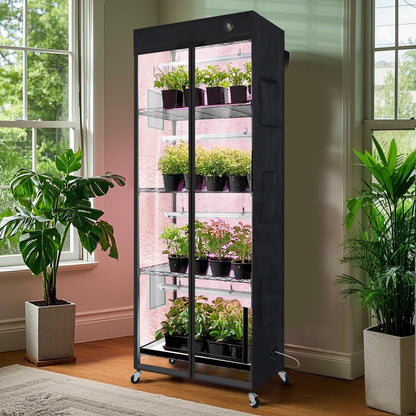 WORTH Mini Greenhouse with 18W T8 Grow Lights & Thermo-Hygrometer 27"x15"x70" Smart Indoor Grow Tent with Black Oxford Fabric Cover Plant Stand with Casters & Ventilation Flaps for Seed Starting