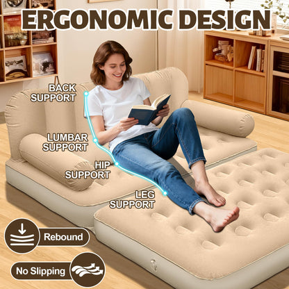ChlorBlu Queen Size Air Sofa Bed Mattress with Headboard and Pump, Flocked Surface Blow Up Couch Inflatable Bed for Home,Folding Inflatable Couch for Camping, 2-in-1 Valve Inflatable Sofa 73"x61"x32''