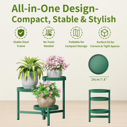 NQW Plant Stand Indoor Outdoor, 3 Tier Corner Metal Flower Display Holder Shelf, Folding Tall Plant Rack for House Patio Balcony Porch Living Room, Heavy Duty Anti-Rust Wrought Iron - GreenFloroma