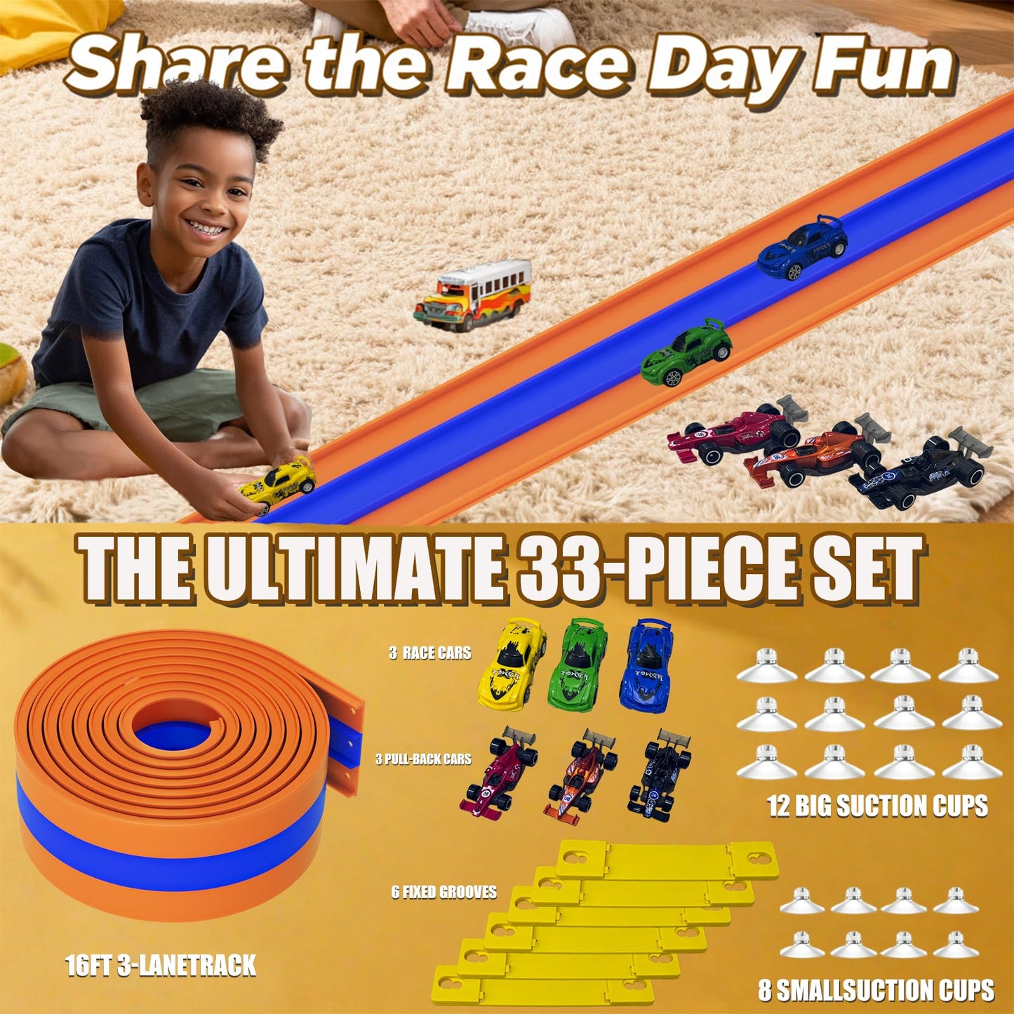 Flexible Race Track 3-Lane 15ft Race Car Track Compatible with Diecast 1/64 Scale Cars, Flexible Car Track Race Ramp Toy with Strong Suction Cups