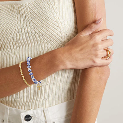 VIBILIA Cross Bracelets for Women, Cross Charm Vintage Jewelry, Flower Beaded Bracelet, Handmade Stretch Jesus Baptism Romantic Christian Birthday Gifts for Women on Easter Mother's Day, Blue Gold