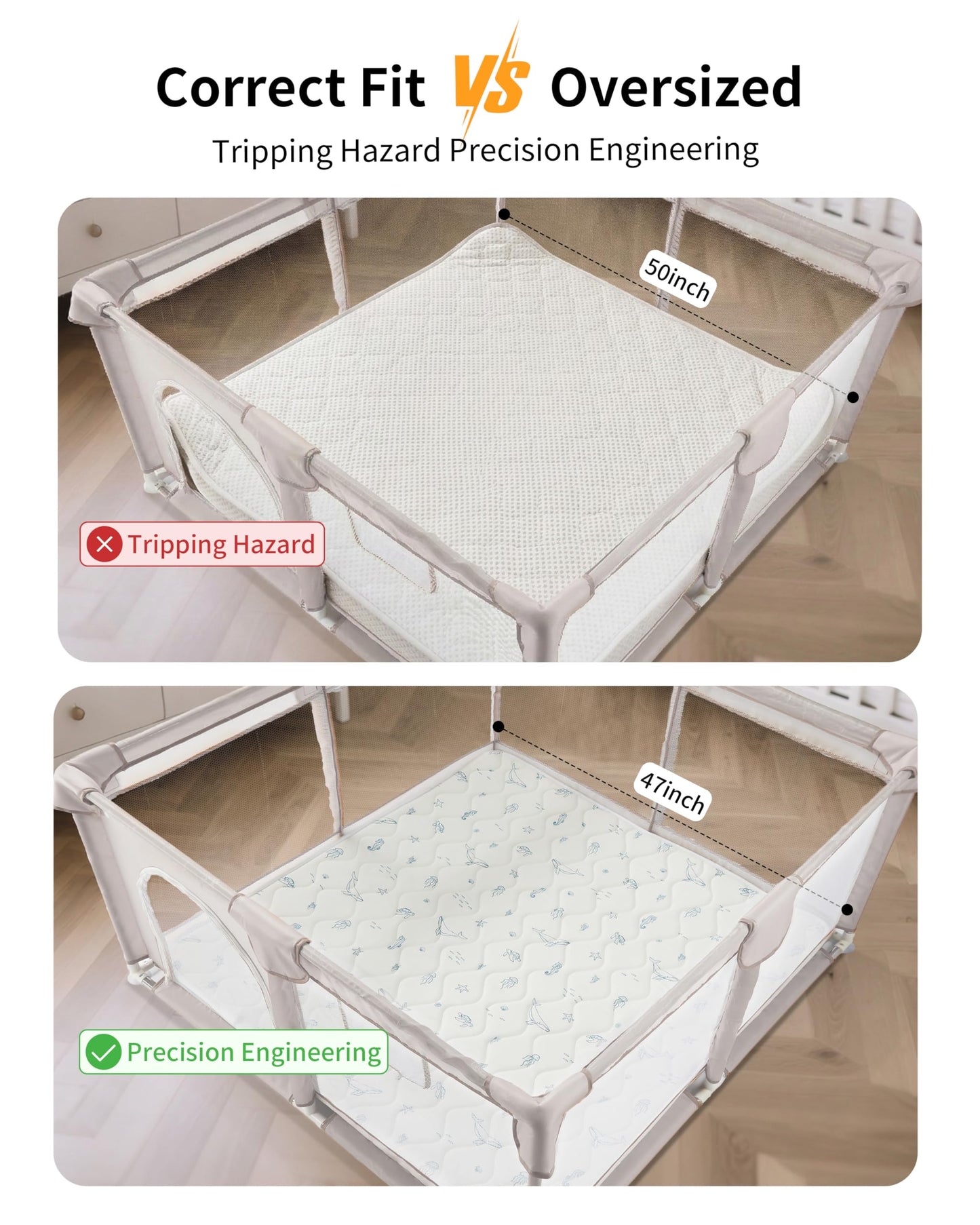 Fortella Extra Thick Baby Play Mat for 50" Playpen, 47"x47" Snug Fit Playpen Mat, Machine Washable Foam Play Mat for Floor - Portable, Non-Slip Tummy Time & Crawling Mat for Babies Toddlers (Ocean Ivory)