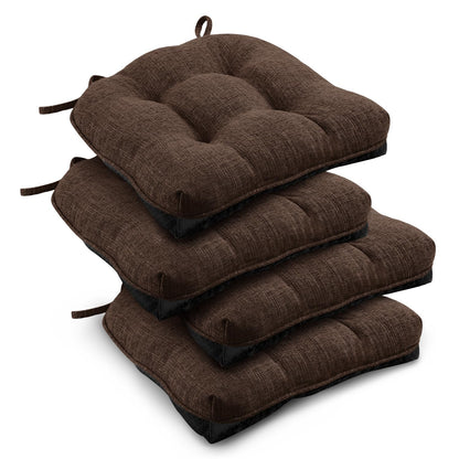 downluxe Indoor Chair Cushions for Dining Chairs, Tufted Overstuffed Textured Foam Kitchen Chair Pads with Ties and Non-Slip Backing, 15.5" x 15.5" x 4", Brown, 4 Pack