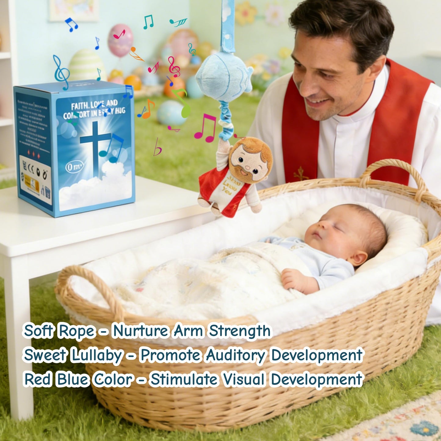 Yelakey Baby Jesus Musical Hanging Plush Toy with Lullaby Music Box Sensory Crib Toy for Newborn Baptism First Birthday Gift