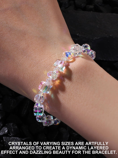 HANGINTHERE Aurora Crystal Bracelet for Women ,7 Inch Stretchy Iridescent Bracelet with 8mm Aurora Borealis Beads,Gift for Girlfriend Best Friends Mom Wife, Birthday Valentine‘s Present with Velvet Pouch
