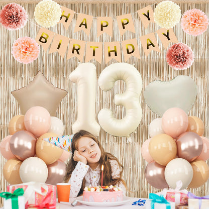 Beige 13th Birthday Decorations Girls Boys Cream Number 13 Balloon Nude Gold Happy Birthday Banner Fringe Curtain Paper Pom Poms Blush White Sand Champagne Star Foil Balloons Neutral Boho Party Decor