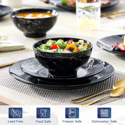 LOVECASA Plates and Bowls Sets for 4, 12 Pieces Porcelain Dinnerware Sets, Black and Gold Dish Set Gold Splash Dishware Sets, Dishwasher Microwave Safe