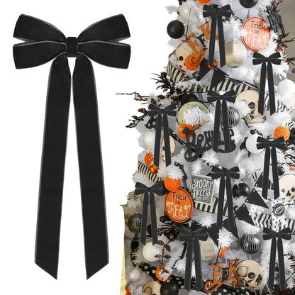 12Pcs Black Velvet Ribbon Bows Halloween Tree Decorations,5in x 10in Christmas Ornaments for Tree Home Party Front Door Wreath Holiday Decor