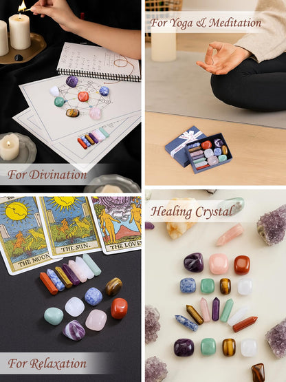 MANIFO Healing Crystals Stones Set in Box, Hexagonal Pointed Crystal Wand with 7 Chakra Tumble Stone for Chakra Meditation Christmas Gifts