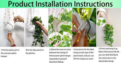 Comtelek Fake Hanging Plants with Lights Artificial Plants for Home Decor Macrame Plant Hanger with Fake Vines Faux Hanging Planter for Wall Ceiling Bedroom Bathroom Kitchen Office Boho Decor Indoor