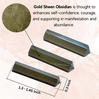 Amazing Gemstone Gold Sheen Obsidian Crystal Points Bulk Healing Crystals - Pack of 3 Single Terminated Healing Wand Point Bulk Crystals for Crafts, Crystal Grid, DIY - - Beginners Gift