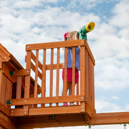 Backyard Discovery Skyfort II Cedar Wood Swing Set with Wave Slide, Raised Clubhouse, Crow's Nest, Monkey Bars, Balcony, Belt Swings, Trapeze, Rock Wall, Picnic Table, Sandbox, Ladder, Outdoor Playset