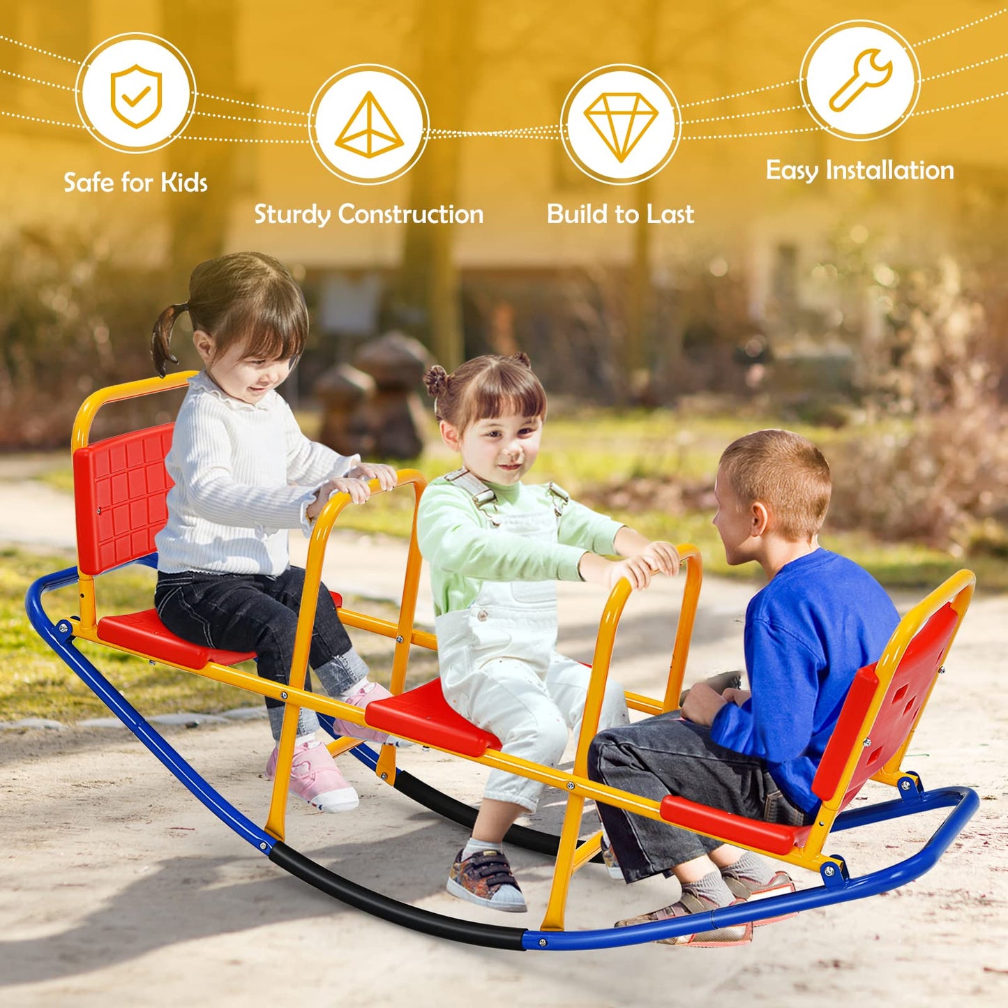 Costzon Teeter Totter Seesaw for Kids Outdoor, 2 in 1 Metal Rocking Seesaw for Toddlers with Easy-Grip Handles, Indoor Outdoor Rocker Toy Gifts for Ages 2-5, 1-3 Person Home Preschool Backyard See Saw
