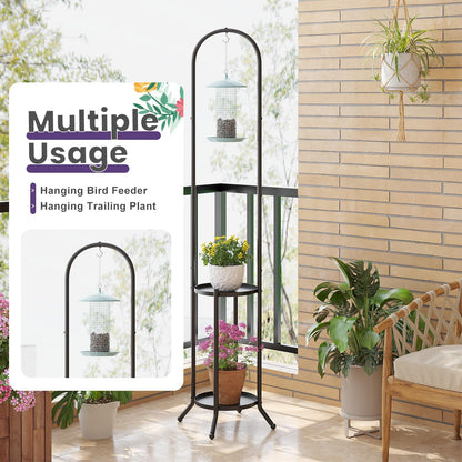 Wieghda Metal Plant Stand 2-Tier with Hanging Hook for Indoor Outdoor Plants,Sturdy Steel Plant Shelf Display Rack(Black)