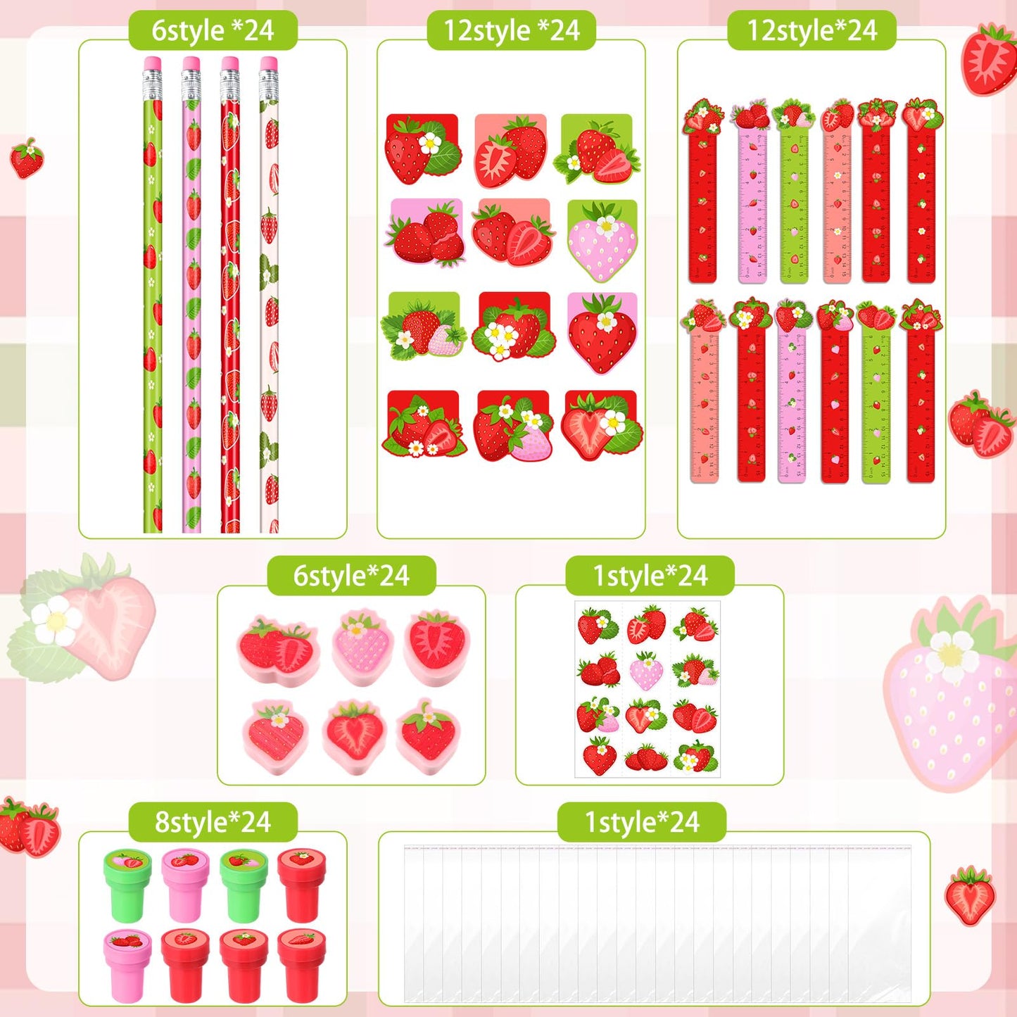 Cholemy 168 Pcs Strawberry Party Favors Supplies Stationery Set Notebook Sticker Stamper Eraser Ruler Pencil Bag for Strawberry Baby Shower Birthday Party Gift Classroom Prize