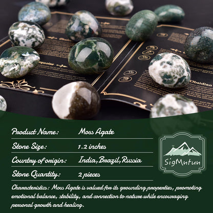 Super Large Polished Moss Agate Healing Crystal Stones - 2 Pcs of 1.2" Worry Stone for Anxiety, Pocket Palm Gemstones Handpicked Natural Tumbled Rocks for Meditation, Reiki, Chakra, Home Decor