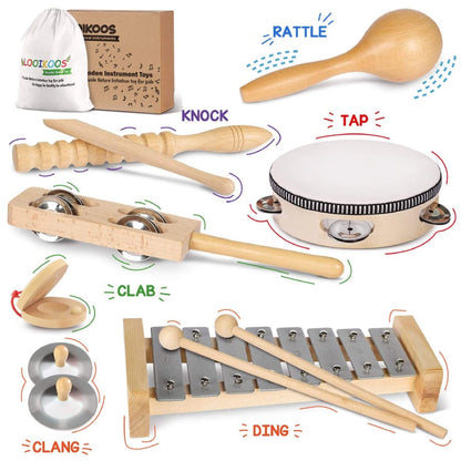 LOOIKOOS Toddler Musical Instruments, Eco Friendly Music Set for Kids Preschool Educational, Natural Wooden Percussion Instruments Musical Toys for Boys and Girls with Storage Bag