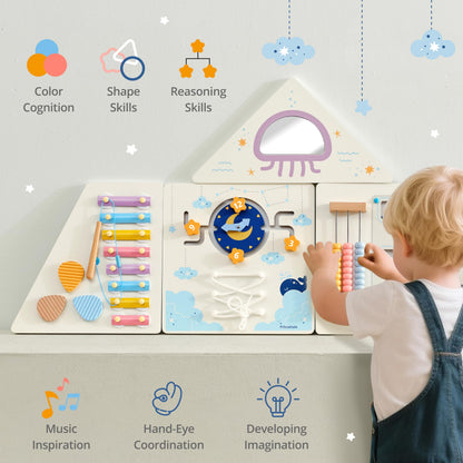 Pillowhale Tangram Activity Wall Busy Board Panels, 12-in-1 Learning Activity Center, Wooden Montessori Sensory Toys for Toddler Playroom, Nursery, Daycare, Classroom, Dentist Waiting Room