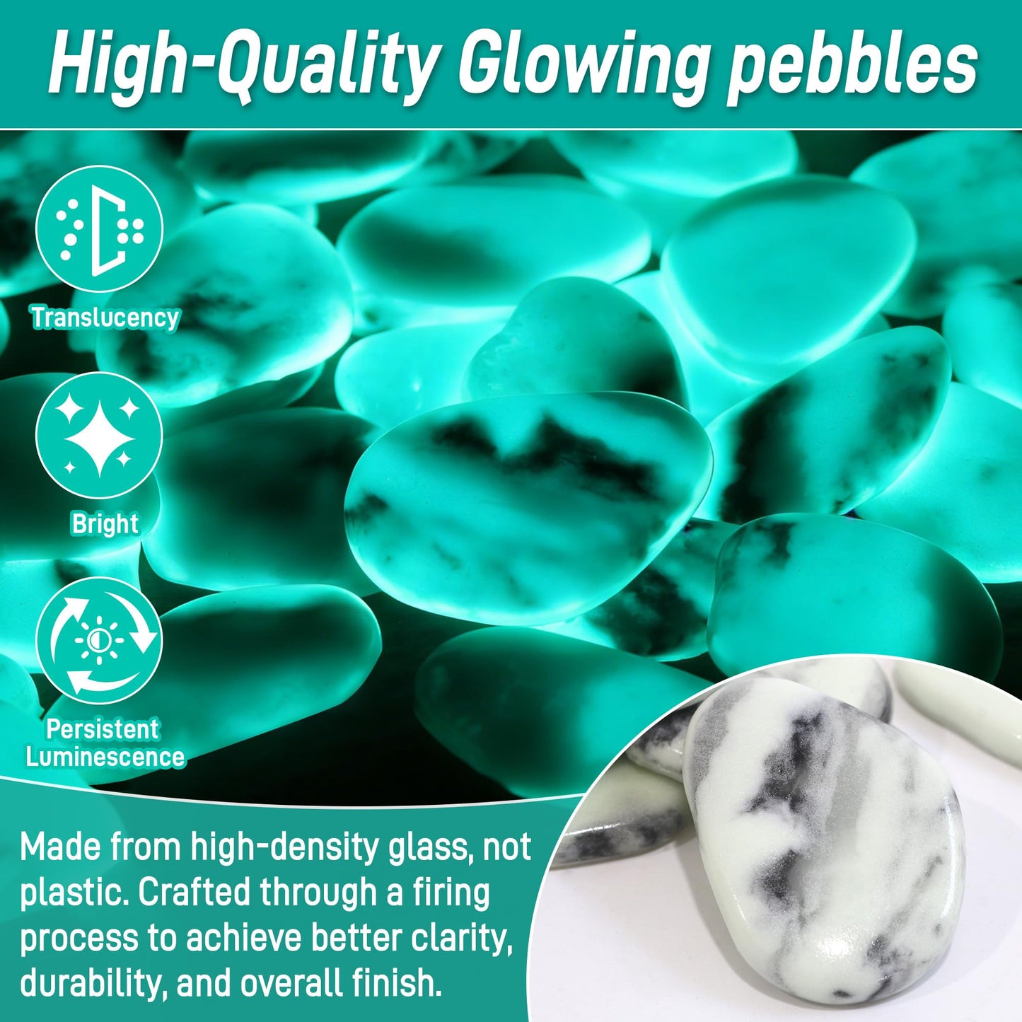 Glow in The Dark Pebbles Glass Stones, 4.5LB Blue Green Luminous Rocks for Garden Pathway, Walkway, Landscaping, Aquarium,Cemetery Decorations & Yard Decor, Non-Plastic Premium Glass Pebbles