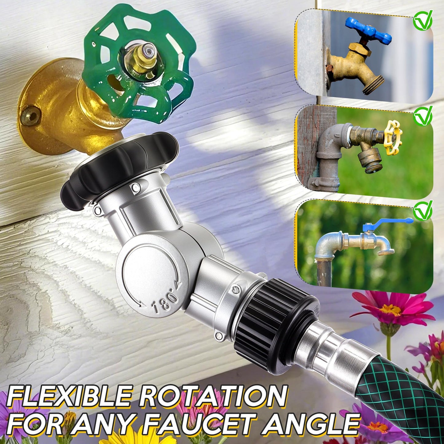 Enhon 180° & 360° Garden Hose Swivel Connector, Garden Hose Connect and Spigot Extender for Outdoor Faucet, Fits Standard 3/4" Water Pipes(Metal & Plastic,Silver,4 Pack)