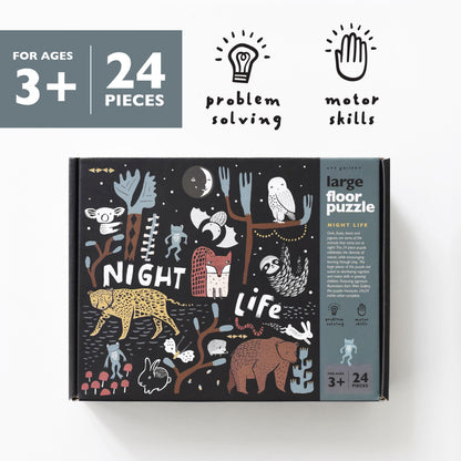 Wee Gallery Fine Motor Practice Bundle - Night Life Floor Puzzle, 24 Large Pieces, Durable Jumbo Jigsaw Floor Puzzles - Jungle Animals Lacing Cards for Toddlers, Sewing Board, Preschool Toys